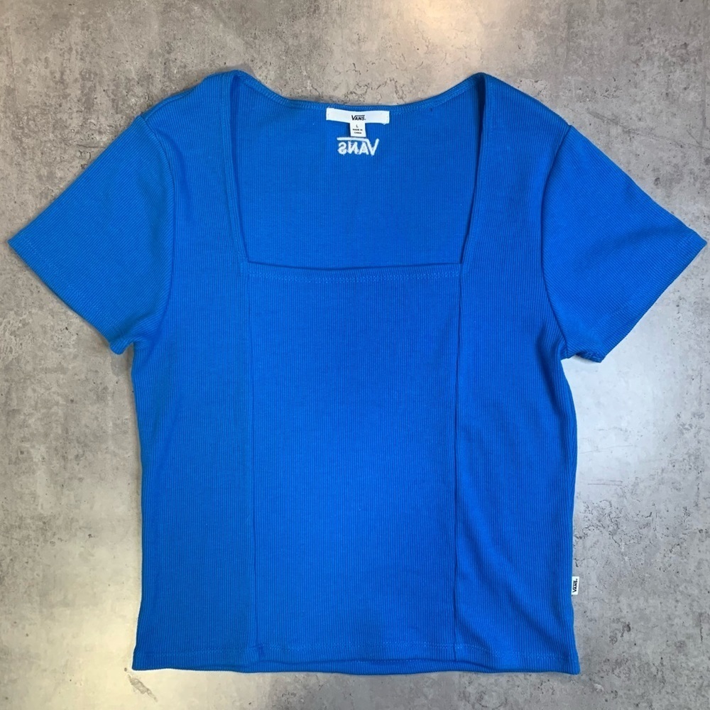 Vans Blue Fair and Square Short Sleeve Square Neck Top, Size L